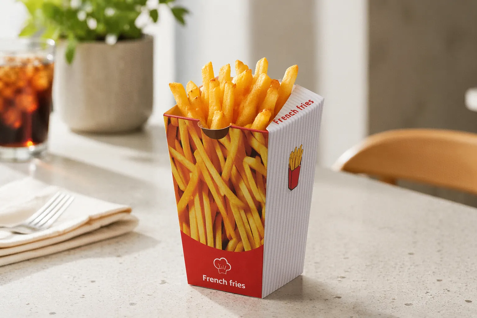 Takeaway French Fries Cone Box (L)7.5 X (W)7.5 X (H)11 Cm 4 Color, 1 Side, Food Board 250gsm